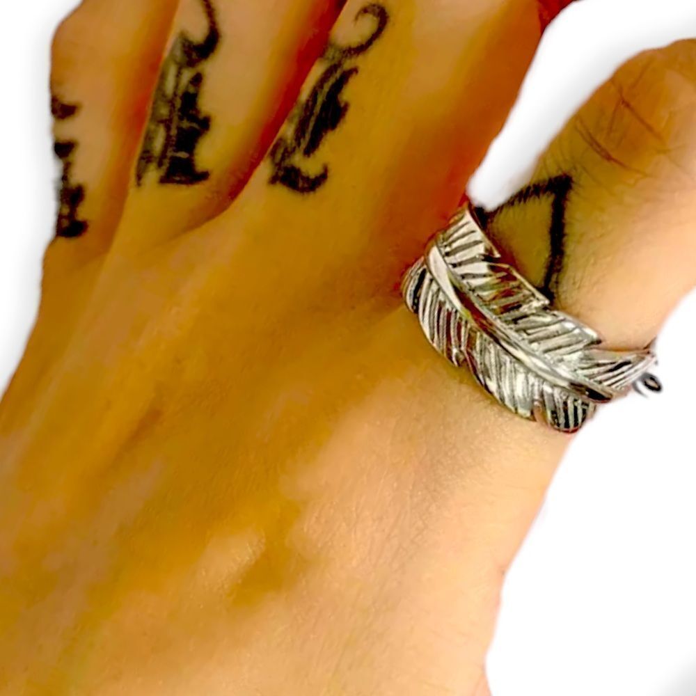 Silver Feather Engraved Wide Band Ring Jewelry NEW